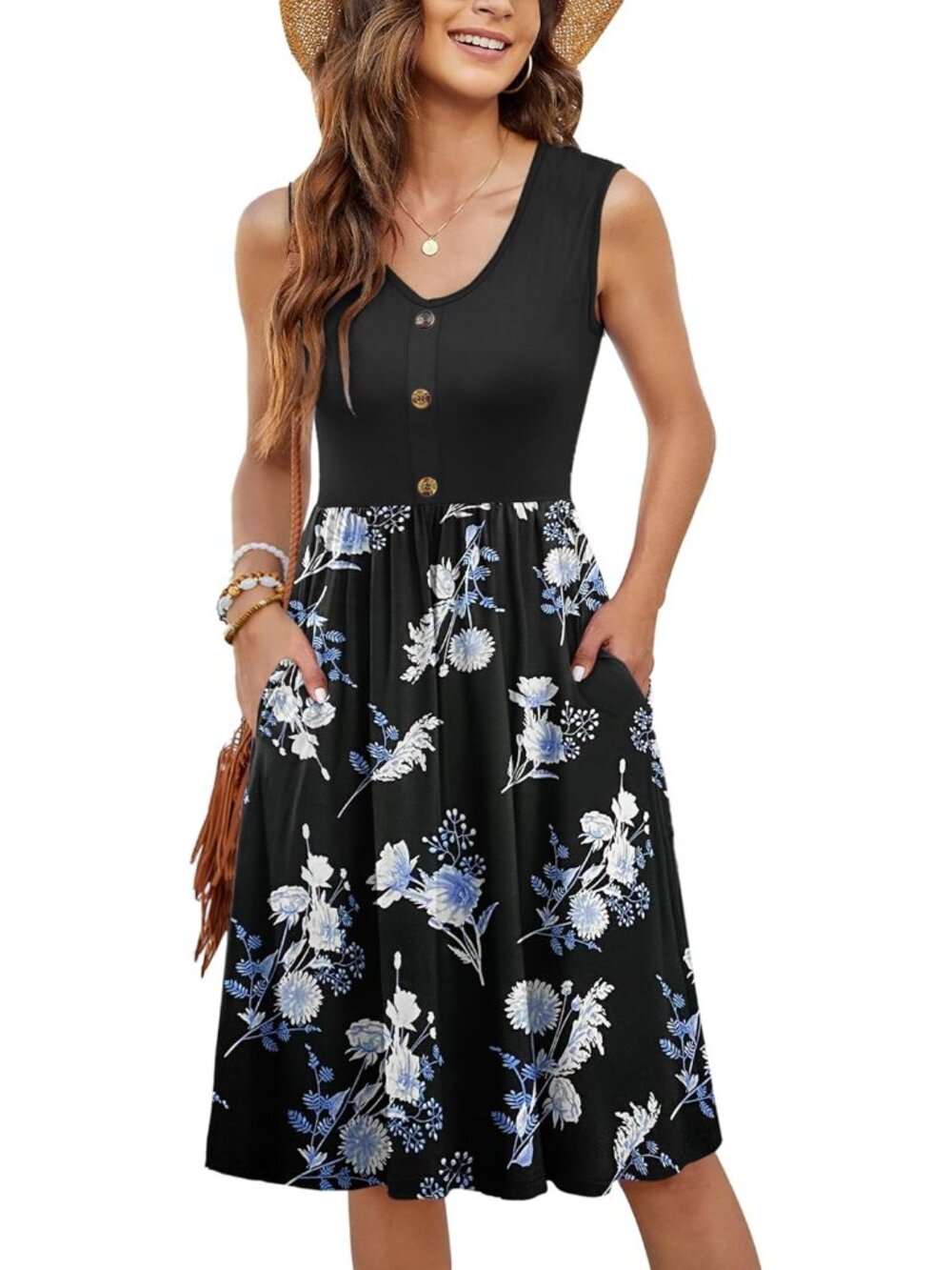 Women's Black White Flower Summer Sleeveless Loose Swing Button Down Sundress